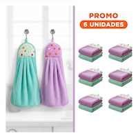 Pack6 Kit Panos de Mano 2 Piezas Morado y Verde Agua Colgador Practico 28x38cm