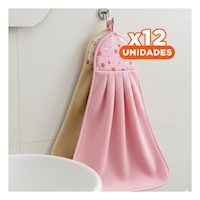 Pack12 Kit Panos de Mano 2 Piezas Rosado y Amarillo Colgador Practico 28x38cm