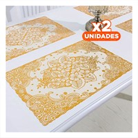 Pack2 Mantel Sofisticado Dorado con Encaje Floral para Mesa Navidena Y+Regalo Sticker