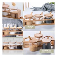 Porta Ingredientes con 3 Recipientes de Vidrio y Base Estable de Madera