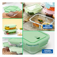 Contenedores hermeticos de vidrio rectangular con tapa verde set de 3