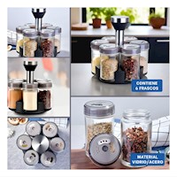 Base Giratoria para Especias con 6 Frascos Tapa Plana Plateado para Cocina