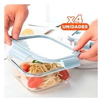 Pack4 Caja de Vidrio 1040 ml con Tapa Celeste para Refrigeradora Y+Papel Regalo