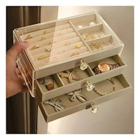 Joyero 3 Niveles Terciopelo Beige con Divisiones Internas para Anillos y Aretes