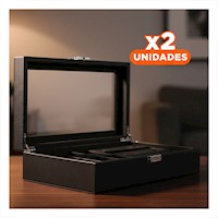 Pack2 Caja para 6 Relojes y 3 Lentes Negro Completo con Acabado Moderno Y+Regalo Sticker