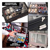 Caja para 6 Relojes y 3 Lentes Negro con Compartimientos Amplios Y+Post It