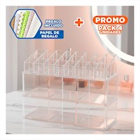 Pack4 Caja Organizadora Acrilica 2 Pisos 3 Divisiones 9 Labiales Transparente Y+Papel Regalo