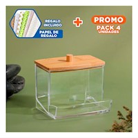 Pack4 Frasco Transparente de Acrilico con Tapa de Madera para Hisopos Y+Papel Regalo