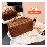 Pack4 Cartuchera Marron de Maquillaje con Diseno de Cuadros Minimalista