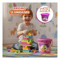 Pack12 Kit Educativo de Bloques 100 Piezas Multicolor Rosado en Balde Infantil