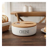 Conjunto de Porta Queso Blanco con Tapa Bambu y Cuchillo 16x7,5cm Y+Regalo Sticker