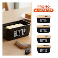 Pack4 Set de Porta Mantequilla Blanco con Tapa Bambu y Cuchillo Almacenaje Y+Regalo Sticker