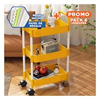 Pack6 Sistema Movil de Cocina 3 Niveles con ruedas Amarillo para Casa Y+Papel Regalo