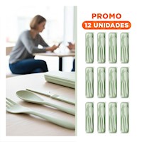 Pack12 Juego 3 Cubiertos con Estuche Funcional Compacto Color Verde Y+Regalo Sticker