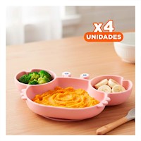 Pack4 Cuenco para bebe con Plato Silicona cangrejo Rosado Comodo y Facil