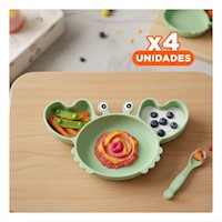 Pack4 Cuenco para bebe con Plato Silicona cangrejo Verde Comodo y Facil