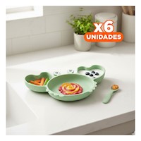 Pack6 Plato Cuenco y cuchara Silicona Cangrejo para Bebe Verde Liviano Y+Regalo Sticker