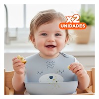 Pack2 Babero Infantil de Silicona con Carita Plomo Comodo y Practico Y+Regalo Sticker