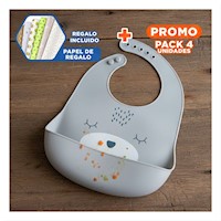 Pack4 Babero Silicona Infantil con Carita Plomo Practico y Facil de Usar Y+Papel Regalo