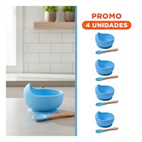 Pack4 Bol para Bebe de Silicona Celeste con Cuchara Seguro y Facil Y+Regalo Sticker