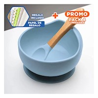 Pack4 Recipiente para Bebe de Silicona Celeste con Cuchara Suave y Comodo Y+Papel Regalo