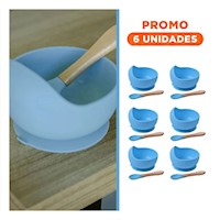 Pack6 Vajilla para Bebe de Silicona Celeste con Cuchara Practico y Suave