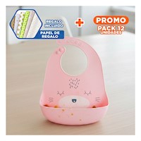 Pack12 Babero Silicona Infantil con Carita Rosado Seguro y Facil Y+Papel Regalo