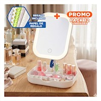 Pack12 Sistema de Belleza con Espejo Led Cuadrado Blanco y Organizador Y+Papel Regalo