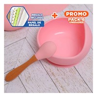 Pack6 Vajilla de Entrenamiento de Silicona Rosado con Cuchara Suave Y+Papel Regalo