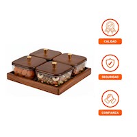 Pack Marron de 4 Recipientes Base Tapa Madera Cuadrados Guardar Alimentos Diario Y+Ligas Regalo