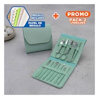 Pack2 Estuche Completo 12 Piezas Manicure y Pedicure Verde Con Cortauñas Y+Papel Regalo