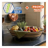 Pack2 Canasta Ovalada Negro con Mimbre y Metal Frutero de Cocina Y+Papel Regalo
