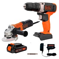 Taladro Atornillador 3/8" 20V 1 Bat + Amoladora 4 1/2" 650W Black + Decker BCD702C1-K4