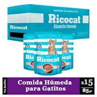Pack Caja x15 Comida Húmeda para Gatito Ricocat Carne 85gr