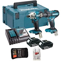 Taladro Perc 1/2" + Atornillador de Impacto 1/4" Hex 18V 2 Bat + Set de 5 Pzs + Set 17 Pzs Makita