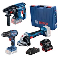 Amoladora 5" Inc 2 Bat + Rotomartillo Sds-Plus + Taladro Perc 1/2" 18V Brushless Bosch