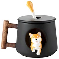 Juego De Taza Con Cuchara Modelo Shiba Negro