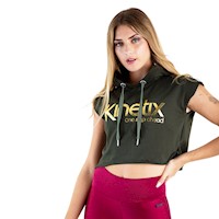 Polera Crop Kinetix Boxeadora Hoodie Verde Militar Mujer