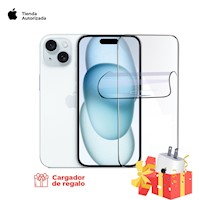 APPLE IPHONE 15 PLUS 128GB VERSION CHIP FISICO AZUL + MICA HIDROGEL Y CARGADOR 20W ORIGINAL