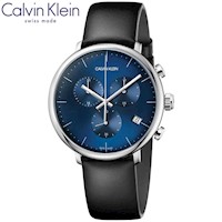 Reloj Calvin Klein High Noon K8M271CN Suizo Fecha Cronometro Correa de Cuero Negro Dial Azul