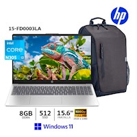 HP 15-fd0003la, Intel Core i3, 8Gb Ram, 512Gb SSD, 15.6” FHD, W11+Mochila HP