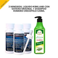 3 Minoxidil Líquido con gotero original +  Shampoo Romero   520 ml