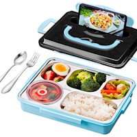 Lonchera Táper de Comida y Alimentos 5 Divisiones con Asa + Cubiertos Celeste