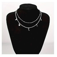 Collar doble luna y estrellas plateado