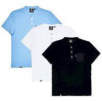 Pack de 3 Polos Cuello Henley Manga Corta Celeste, Blanco y Negro