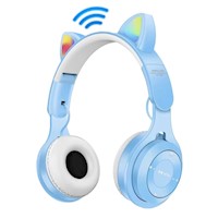 Audífono Inalámbrico Gato Bluetooth Auricular Orejas LED - Celeste