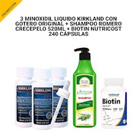 3Minoxidil Liquido con gotero +Shampoo Romero 520ml+Biotin Nutricost