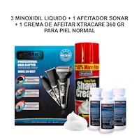3 minoxidil Líquido+1 Afeitador Sonar Azul+1 Crema de Afeitar para piel normal
