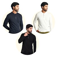 Pack de 3 Polos Cuello Henley Manga Larga Azul, Blanco y Negro