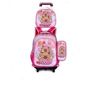 Mochila Capibara Set De 3 Piezas Alto Relieve Ruedas Y Luces